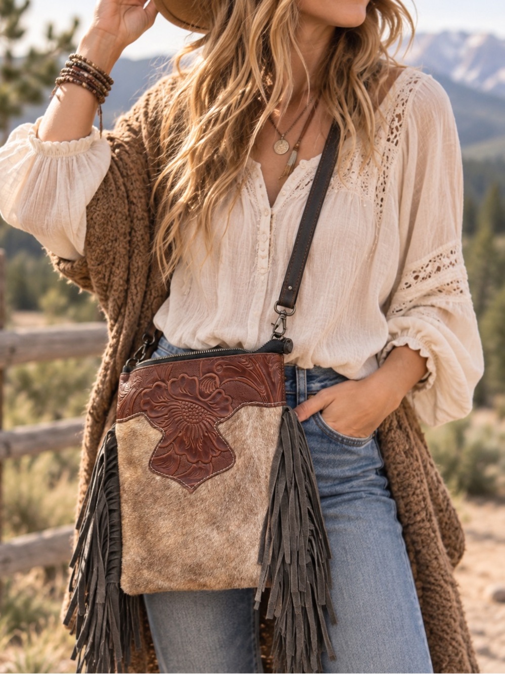 Genuine Cowhide Hair Embossed Leather Western Fringe Crossbody Boho Purse